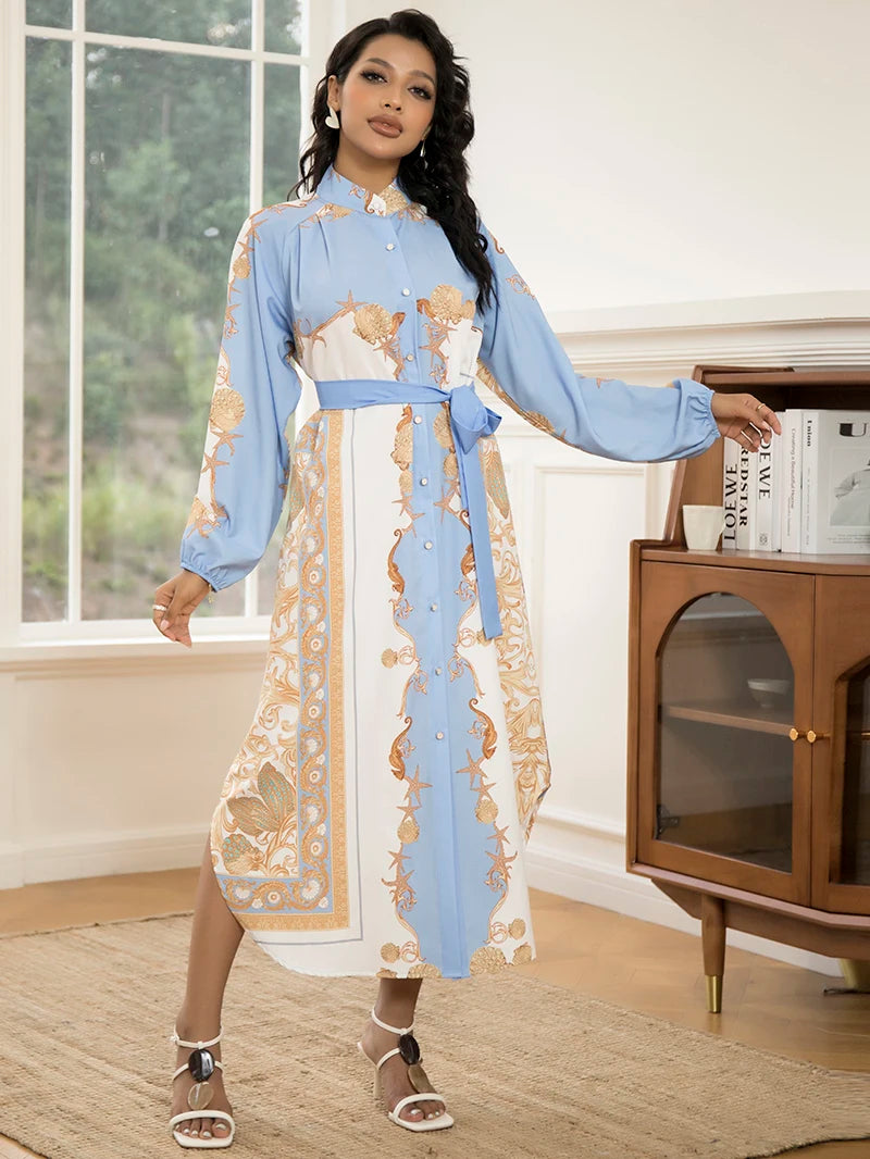 Elegant Women's Long-Sleeve Dress with Belt - Chic Geometric Print, High-Quality Polyester, Perfect for All Seasons