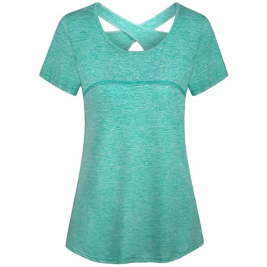 Kimmery Woman Short Sleeve Round Neck Criss Cross Back Yoga Shirt