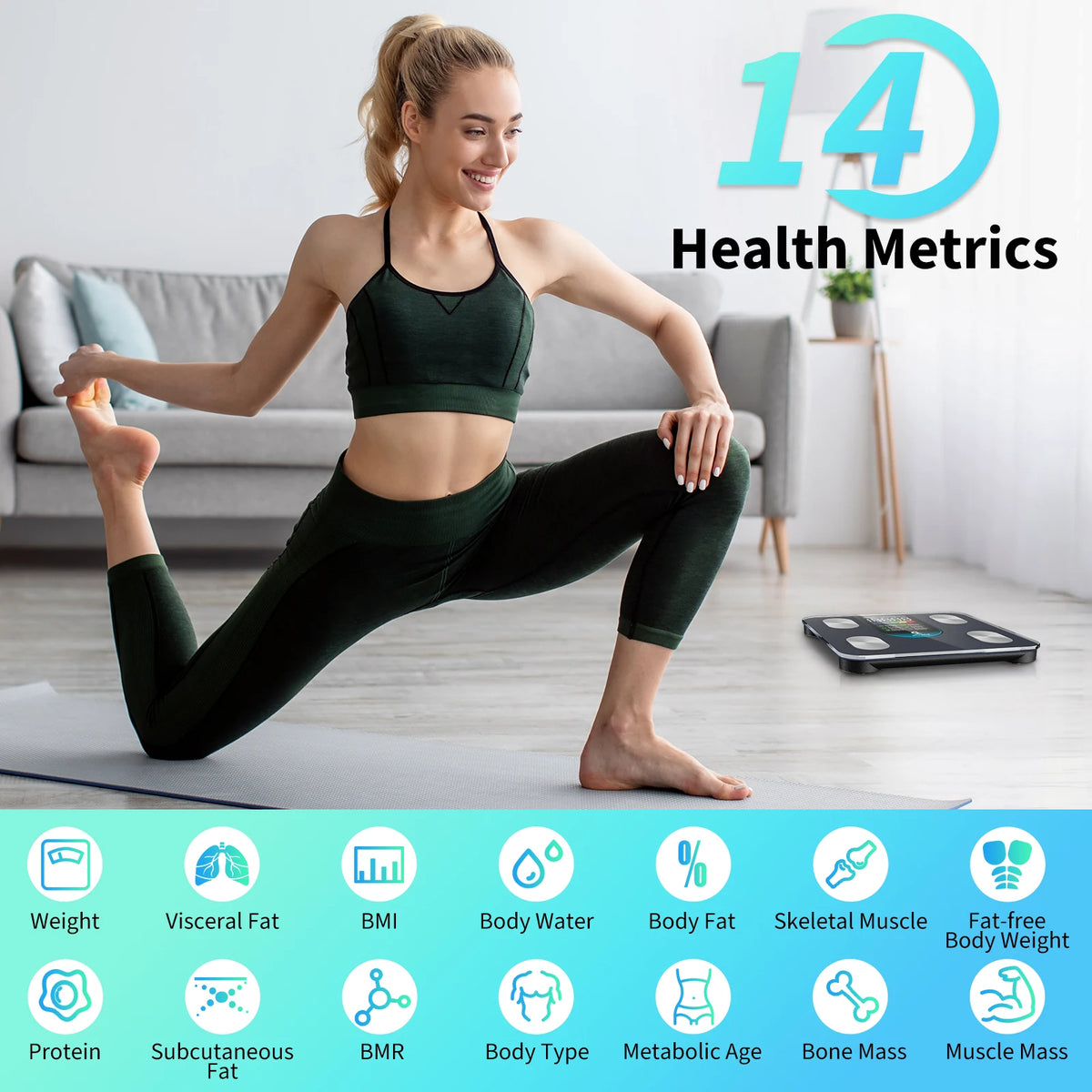 Arboleaf Smart Body Fat Scale, 4-Electrode BIA Digital Bathroom Weight Scale, 14 Body Metrics, 7-in-1 Display, APP Sync, 11×11 Inch