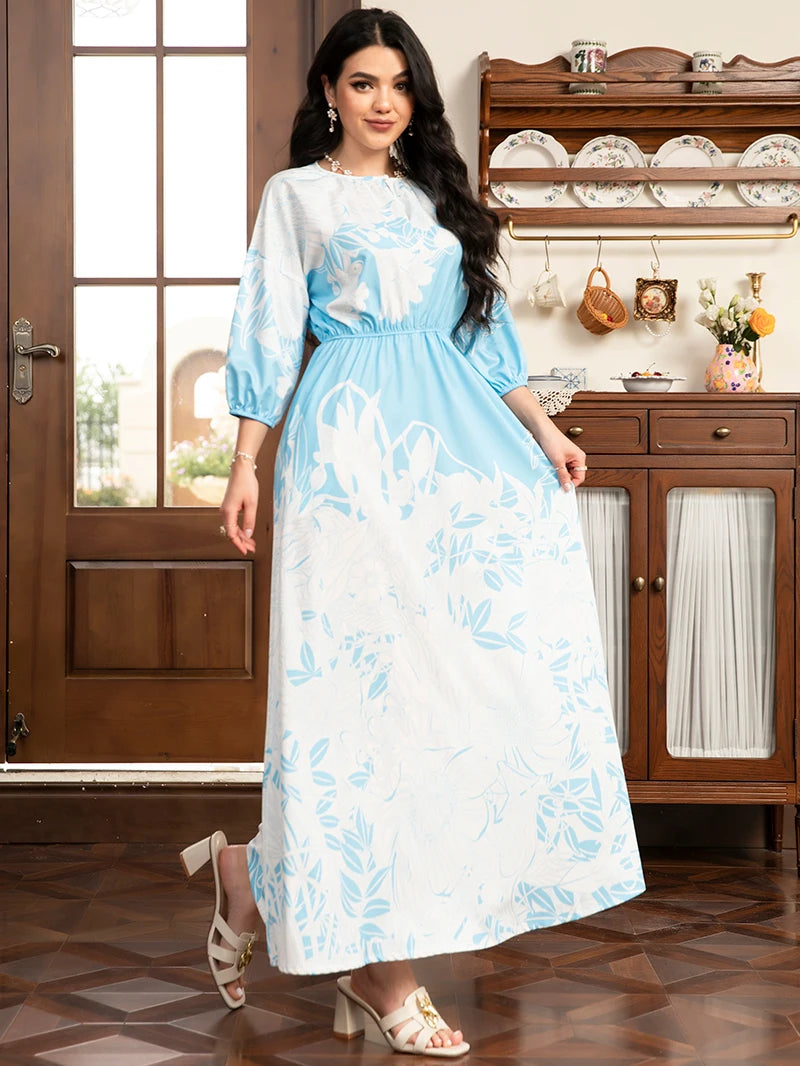 2025 Spring New Arrival: Sweet Floral Print Long Dress - Color-Block Design, Puff Sleeves, Pockets For Spring