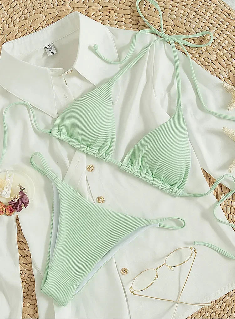 2025 Special Pit Stripe Fabric Bikini Set Women Sexy Simple Solid Halter Bikini Swimsuit High Waisted Lace Up Beach Bathing Suit