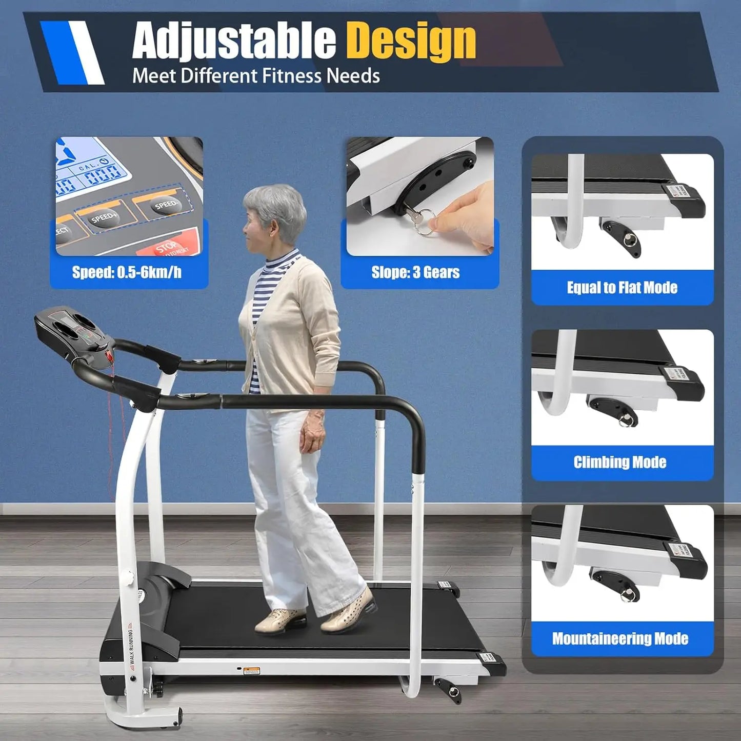 Walking Treadmill for Seniors – Home Treadmill with Handrails & Heart Rate Sensor, Low-Impact Fitness Machine for Recovery