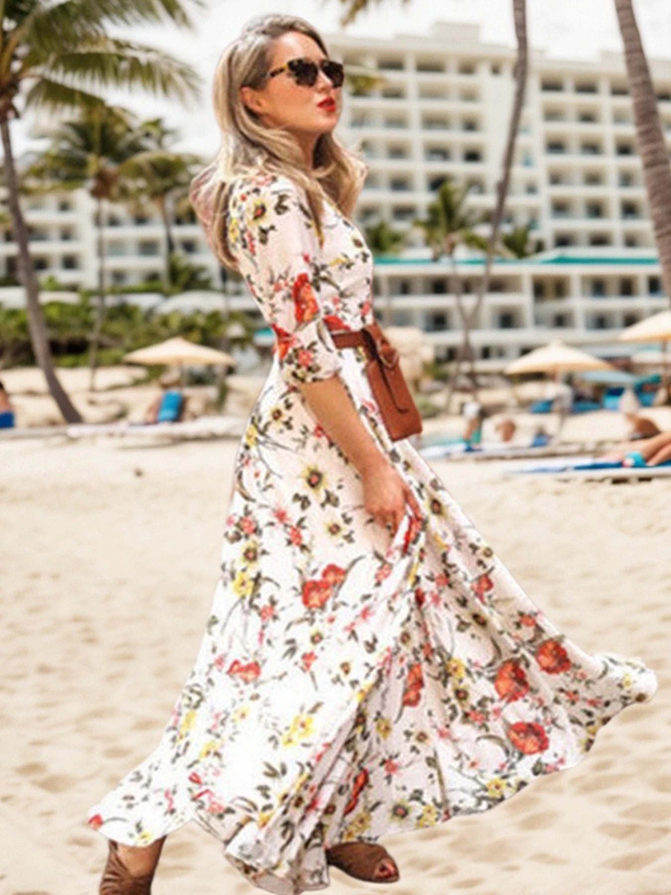 2025 New Elegant Floral Print Women's Dress, Half Sleeved Long Pants Dress, Summer Vacation Beach Dress