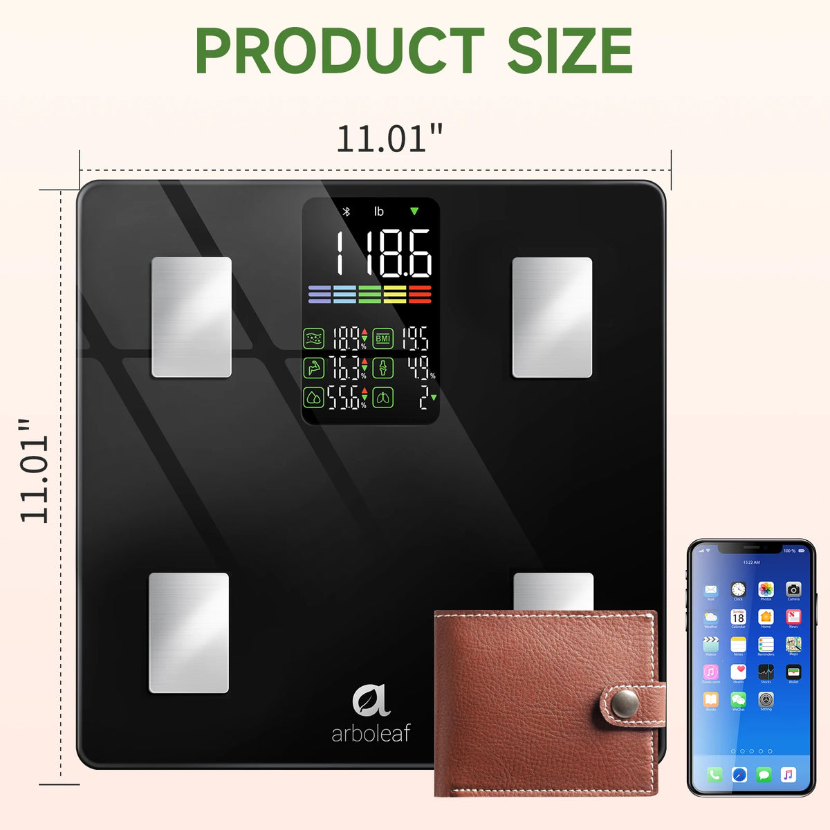 Arboleaf Smart Body Fat Scale 500lb, 5.35" LED Digital Bathroom Scale with 14 Body Composition Metrics, Bluetooth App, 11.8" Large Platform