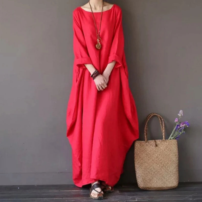 Women Dress Long Sleeves Loose Cotton Long Dresses For Women White Black Red Vintage Casual Cotton Dresses 2025 New