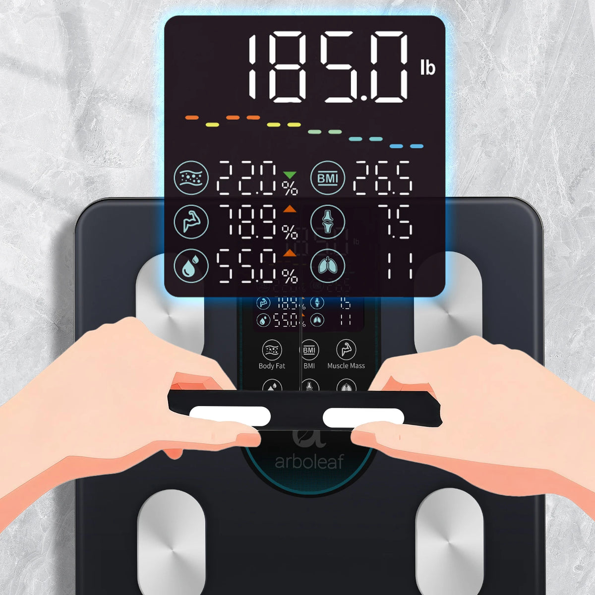 Arboleaf Smart Body Fat Scale 8-Electrode Dual-Frequency BIA, Digital Bathroom Weight Scale with Handle, 50+ Body Metrics, 7-in-1 Display, APP Sync