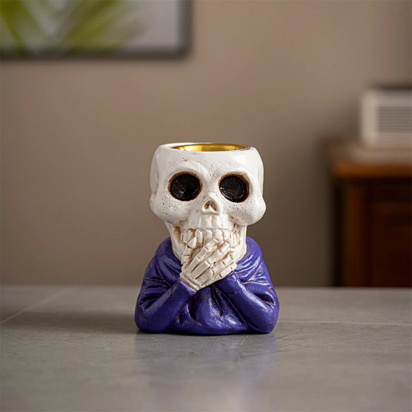 Spooky Halloween Skeleton Candle Holder with LED Lights for Haunted House Party Decorations and Table Centerpieces