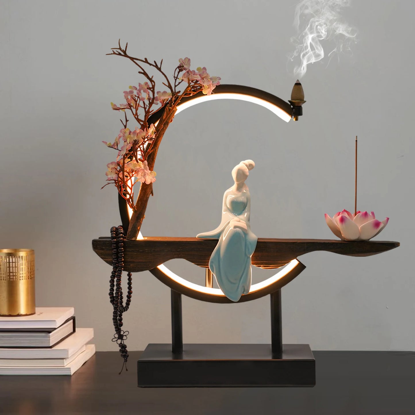 Backflow Incense Burner, Incense Cone Sticks Holder, Iron Decor Porcelain Freestanding 32*10*35cm for Home, Office