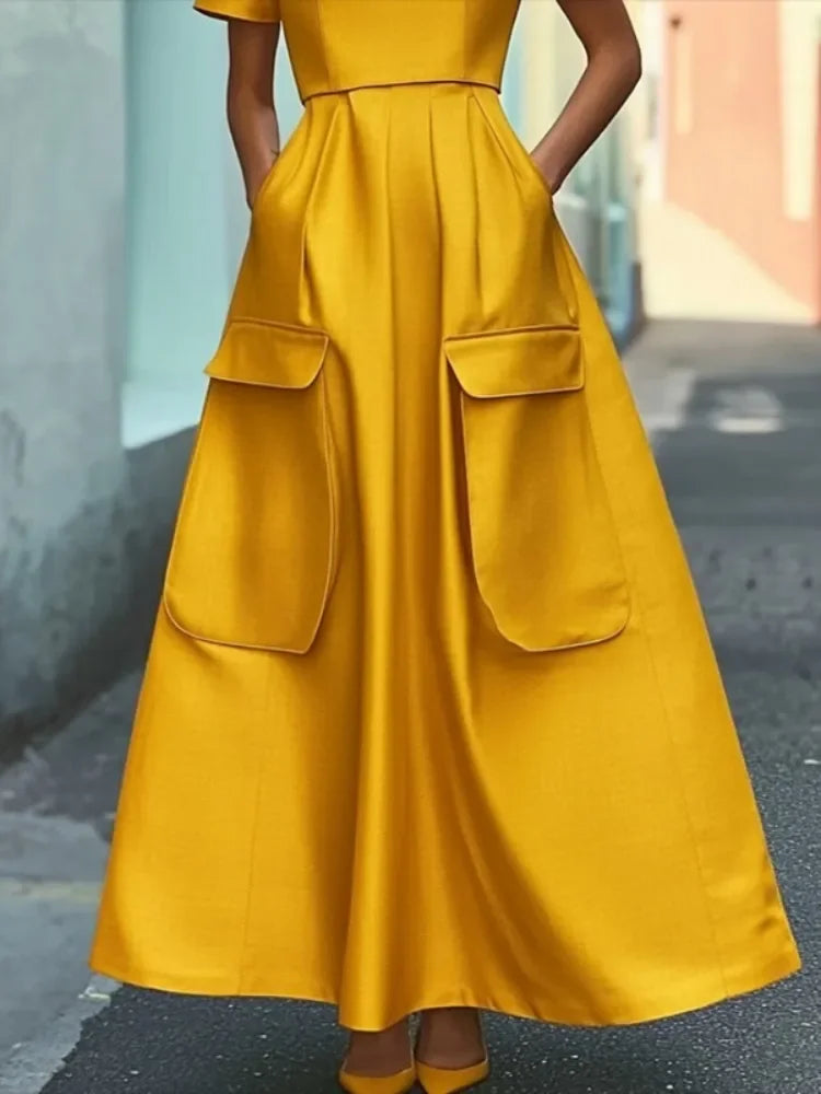 Elegant Yellow Pleated Woman Summer Dress 2025 New Summer Fashion Pockets Female Vestidos Casual High Waist Lady Robe
