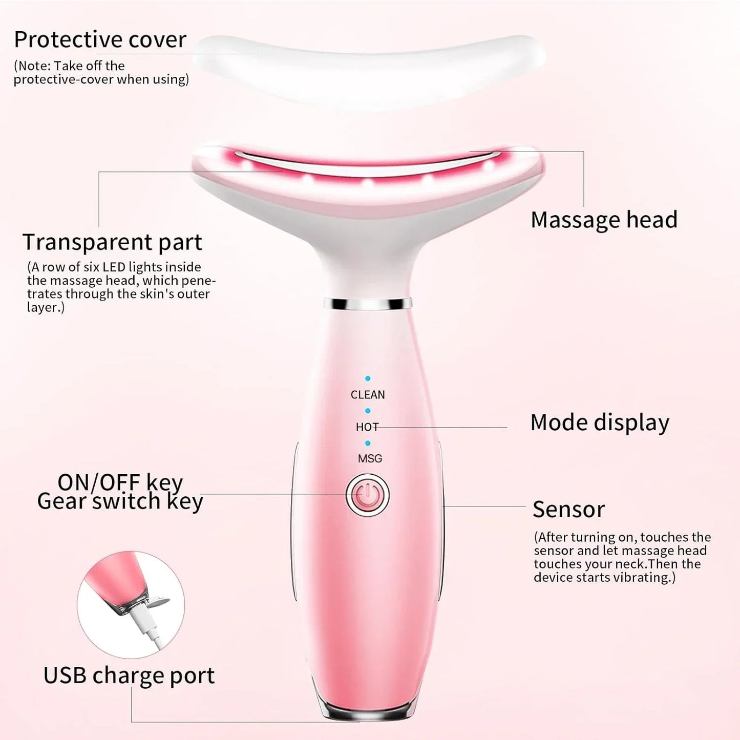 Neck Massager Facial Lift Three Light Modes Electric Skin Tightening Device LED Beauty Instrument Pink