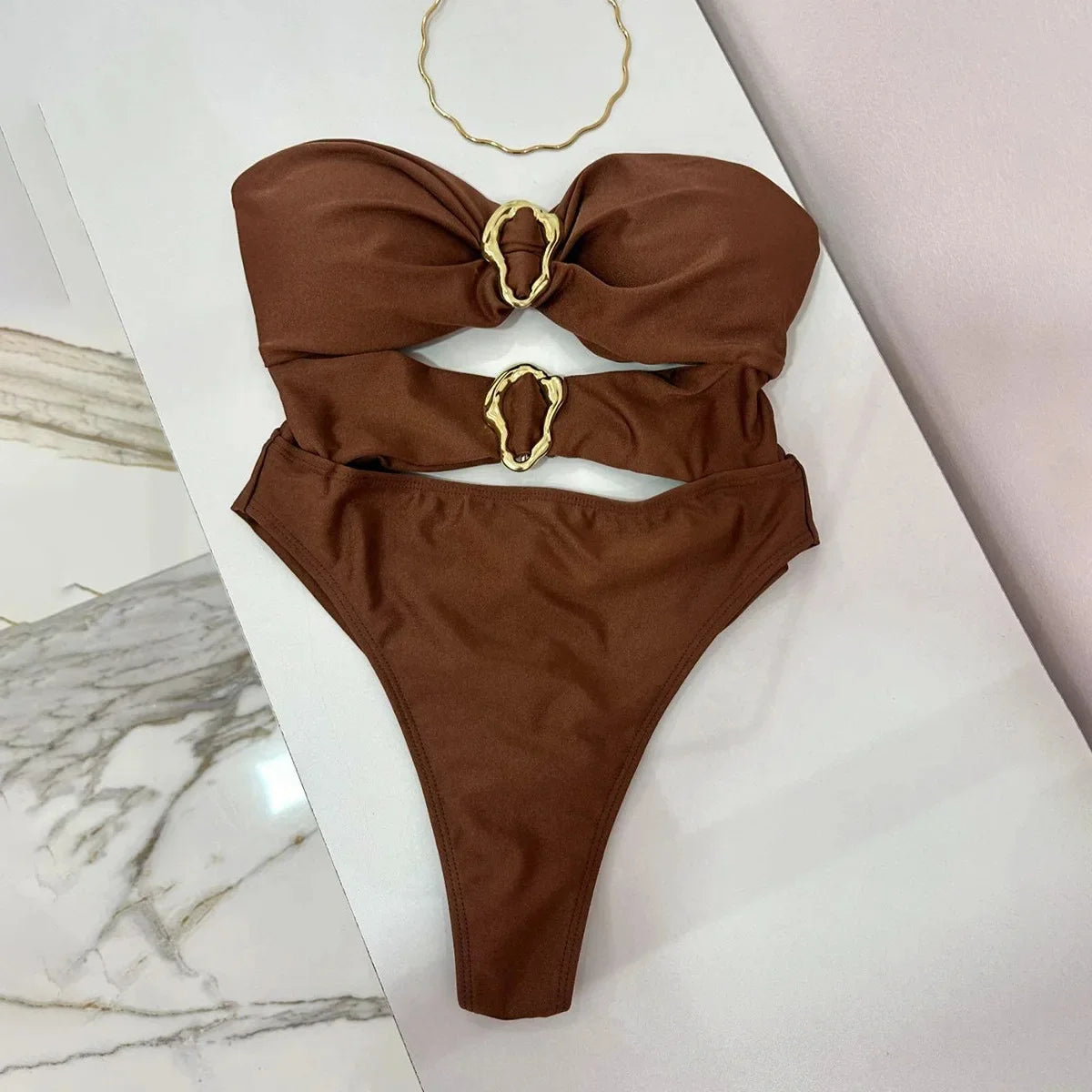 Sexy Metal Rings Cut Out Women Swimwear One Piece Swimsuit Female Bandeau High Leg Cut Bather Bathing Suit Swim B022D