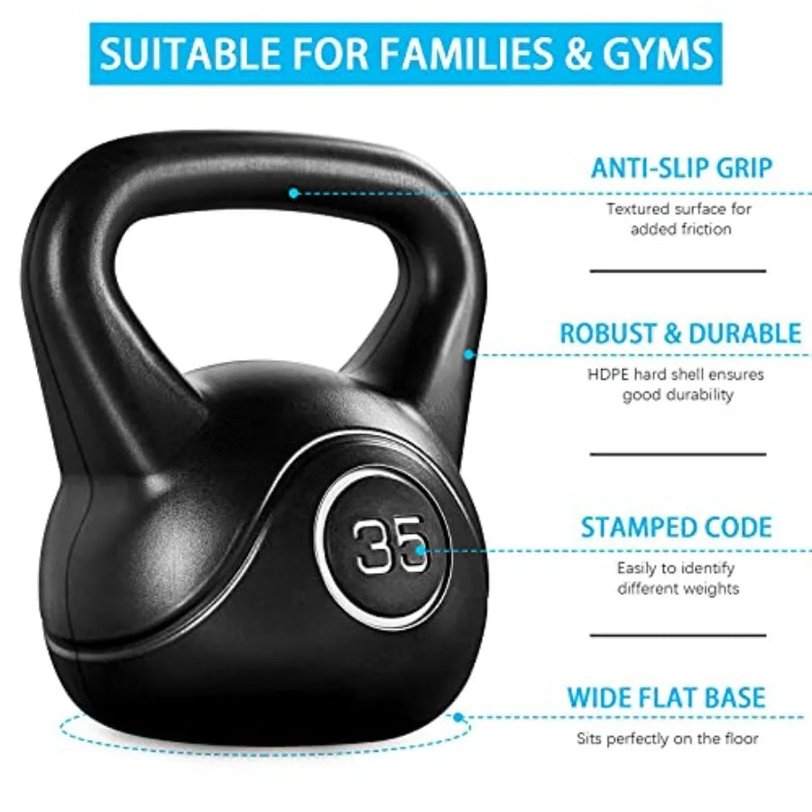 35lbs Kettlebell Weights, Men and Women Home Gym Kettle Bell Exercise and Fitness Equipment w/Wide Flat Base and Textured Grip