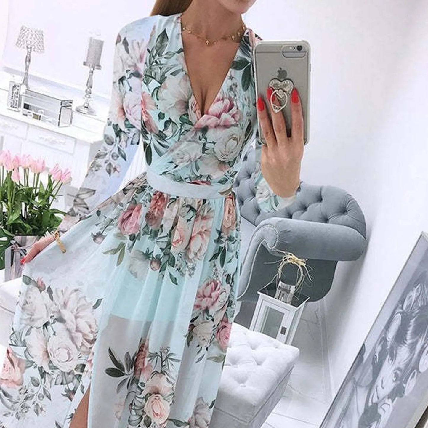 Women floral Chiffon Flower Dress trends new in Ladies Elegant V Neck short Sleeve Korean style Summer Dress Female Clothes