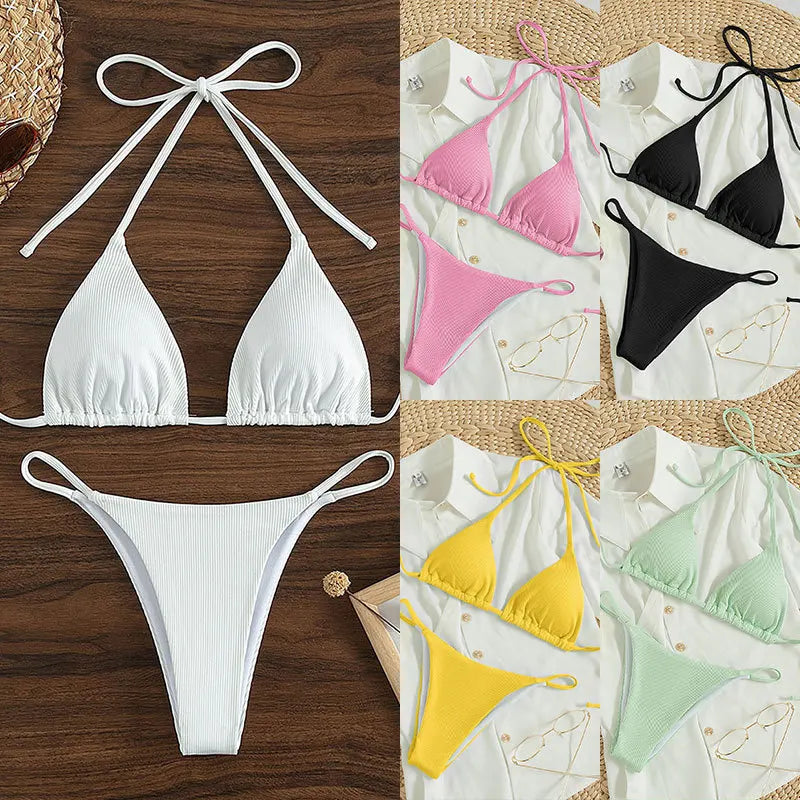2025 Special Pit Stripe Fabric Bikini Set Women Sexy Simple Solid Halter Bikini Swimsuit High Waisted Lace Up Beach Bathing Suit
