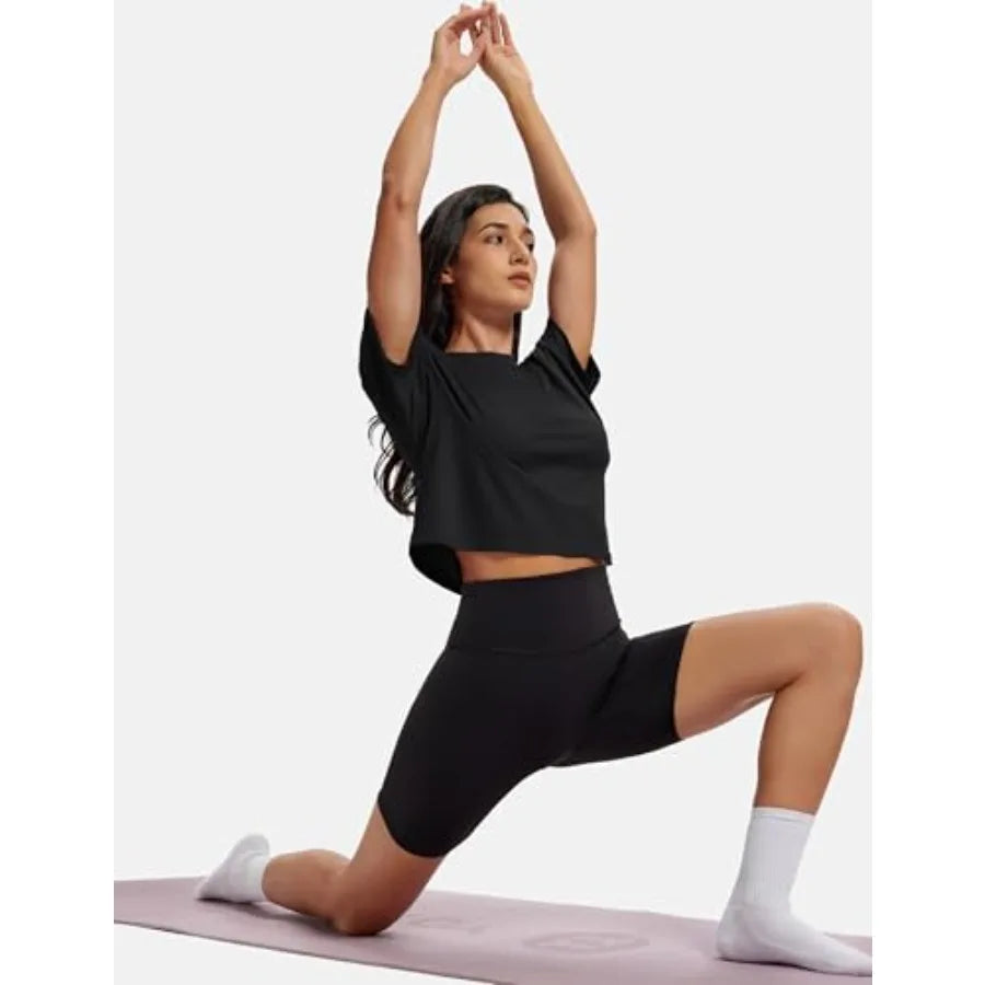 MAGCOMSEN Workout Crop Tops for Women Short Sleeve Cotton Athletic Yoga Top Loose Casual Crewneck Cropped T Shirts