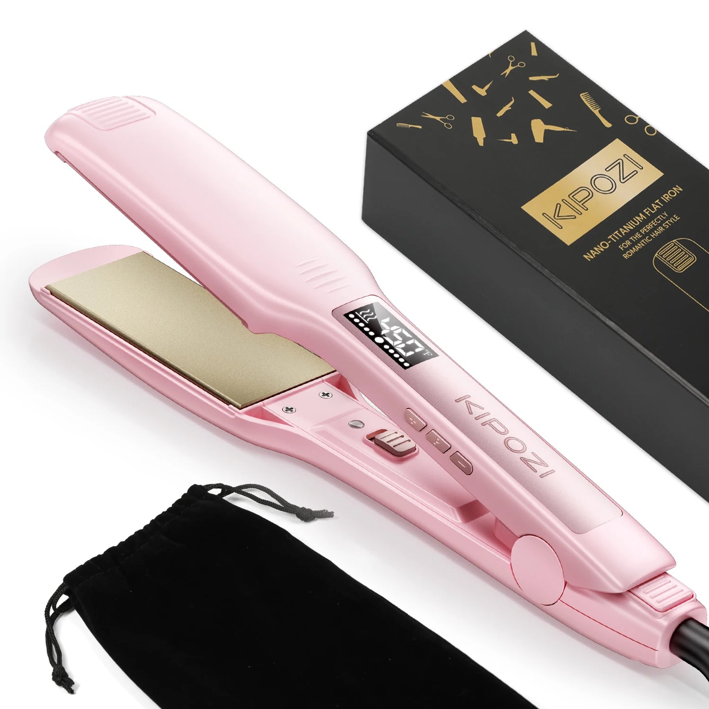KIPOZI Professional Hair Straightener Titanium Flat Iron with Digital LCD Display Dual Voltage Instant Heating Curling Iron Gift
