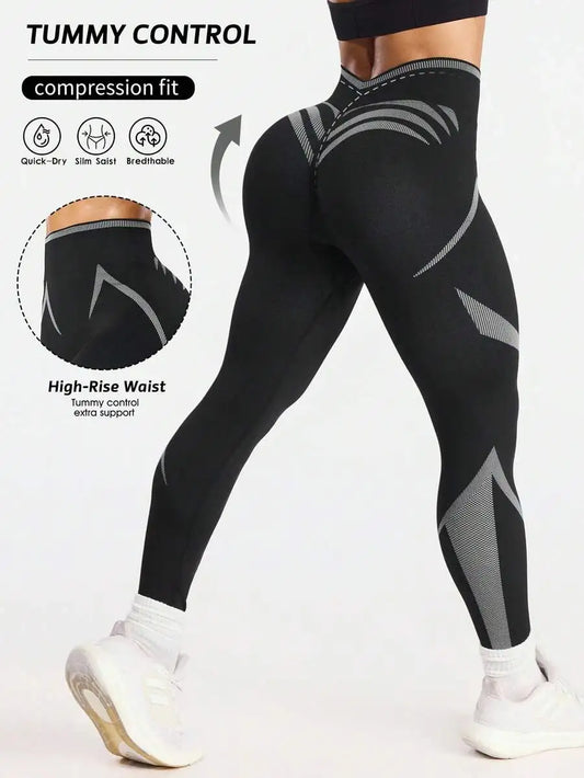 Seamluxe SHEIN Sport V-Waist Contrast Color Tight Yoga Leggings, Seamless Sports Pants For Women, Squat-Proof Workout Running