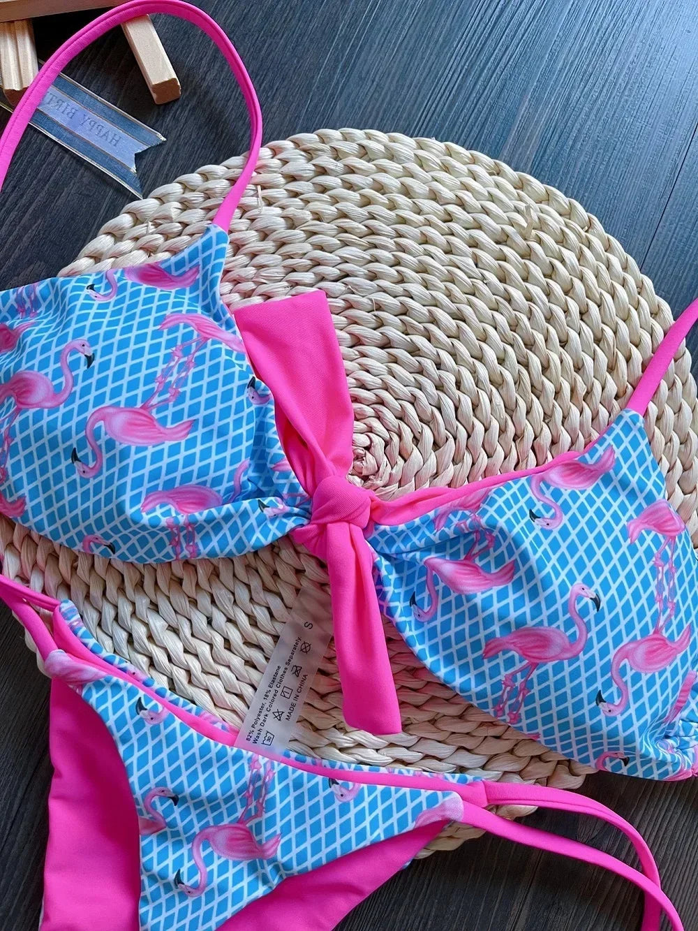 Sexy Grid Flamingo Print Swimsuit Woman 2025 New Two-Piece swimwear Push up Thongs Bikinis Set