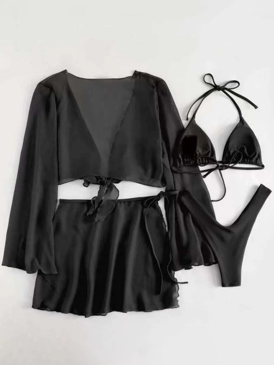 4 Pieces Thong Bikini 2025 Women With Top and Dress Black Swimwear Female Halter Swimsuit Beachwear Bathing Swimming Suit Summer