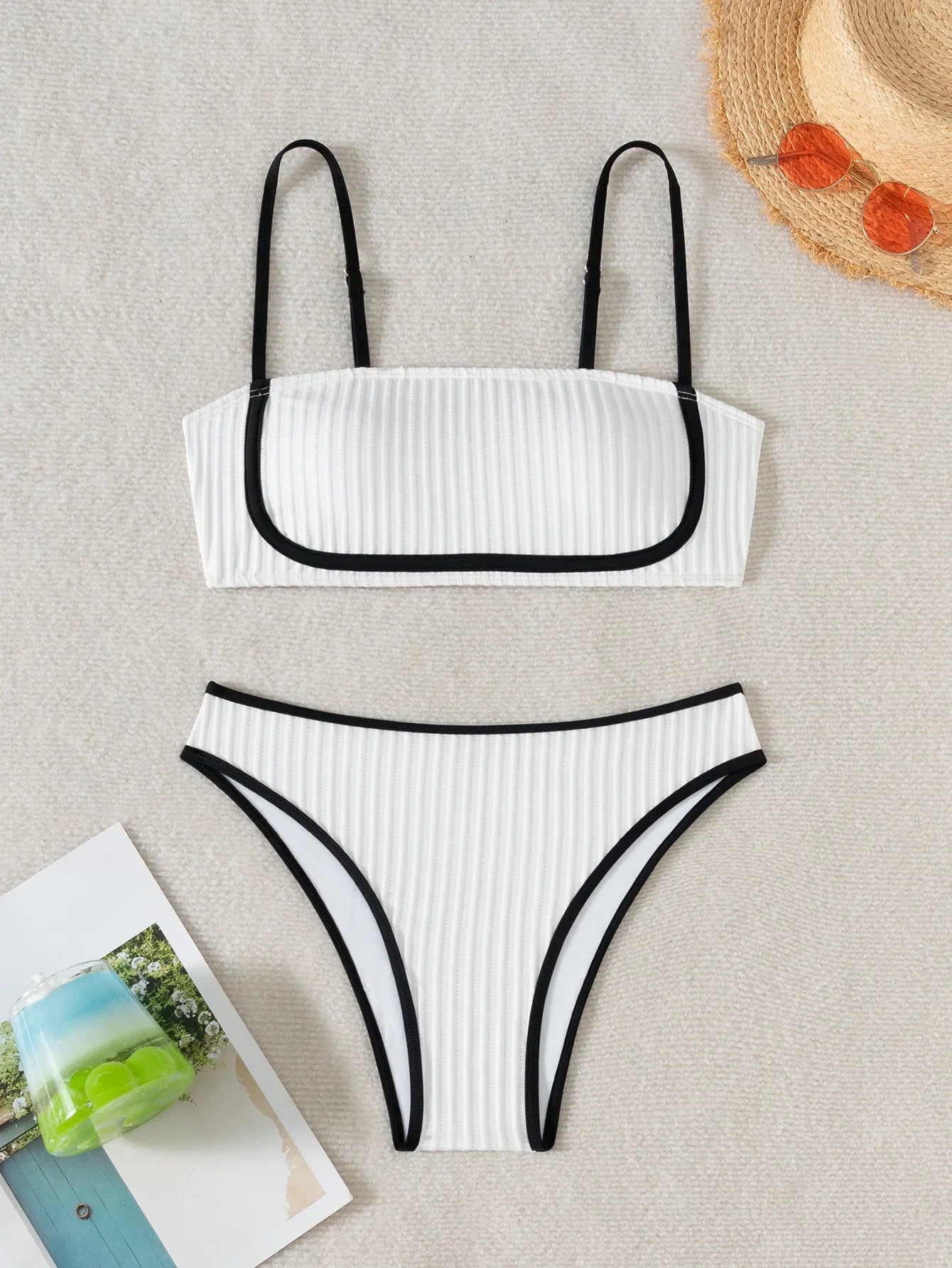 2025 Rib Piping Bandeau High-Rise Bottoms Bikini Set Trendy Beachwear Straight Neckline High Rise Swimwear Swimsuit Bathing Suit
