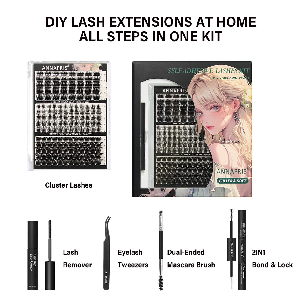 ANNAFRIS DIY Segmented Cluster Lashes Extensions Kit With Bond&Seal Remover Tweezers Individual Lashes Set