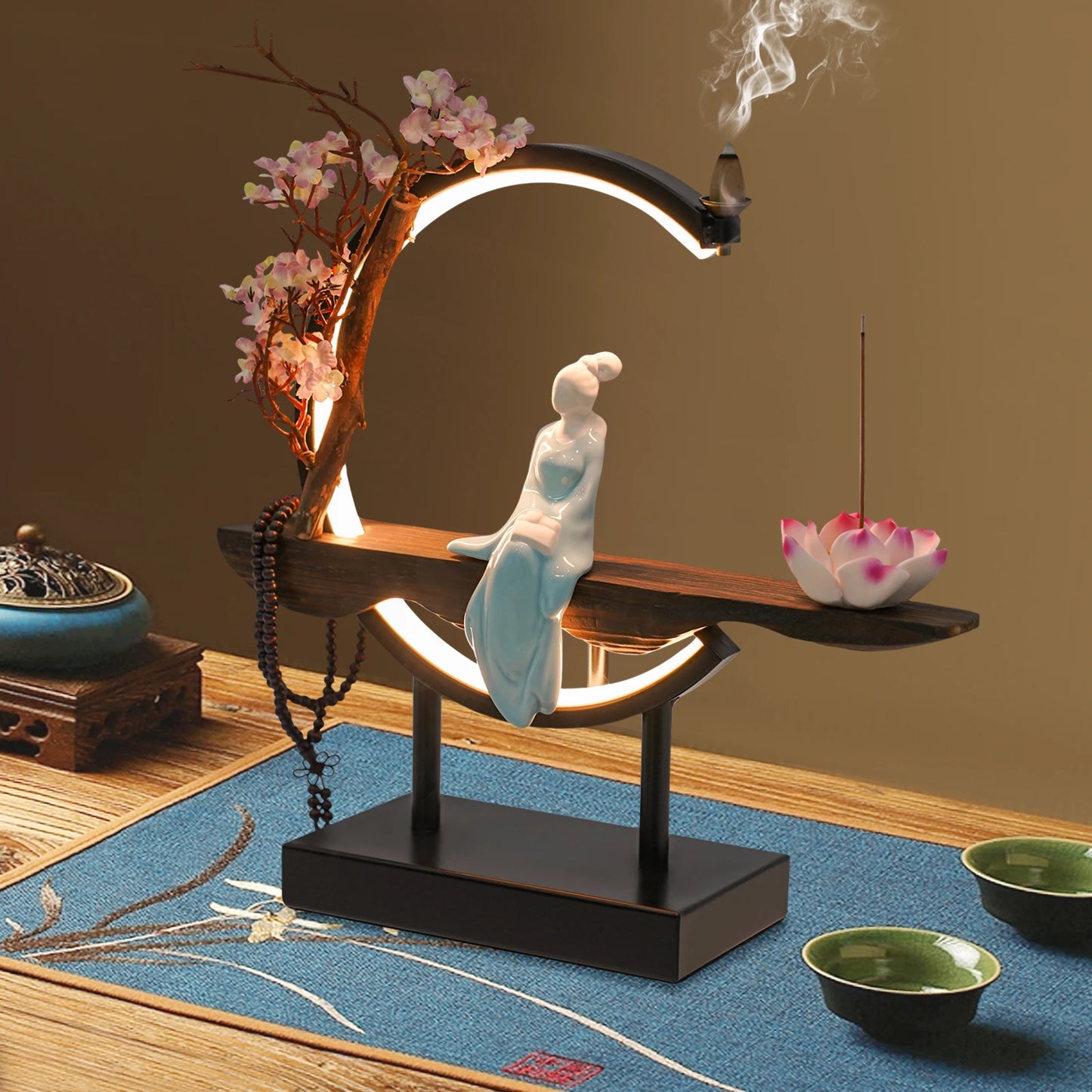 Bymaocar New Chinese Style Zen Meditation Incense Burner Set with Unique Smoke Tabletop Decoration for Living Rooms, Tea Rooms