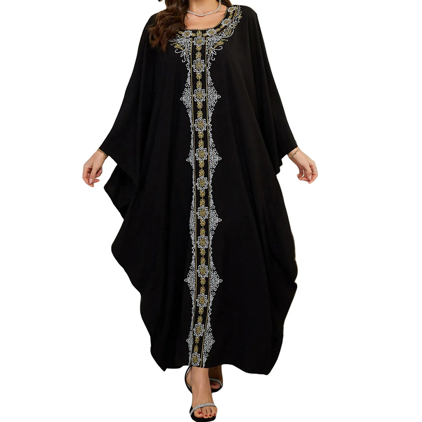 Women s Long Sleeve Floral Embroidered Beach Cover Up Dress with Round Neckline and Loose Fit for Arabic Style Beachwear