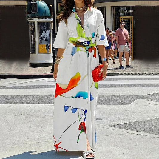 Women's Casual Elegant Dress Summer 2025 Spring Half Sleeves Loose Asymmetric Printed Split-Joint Tied Waist Lapel Maxi Dresses